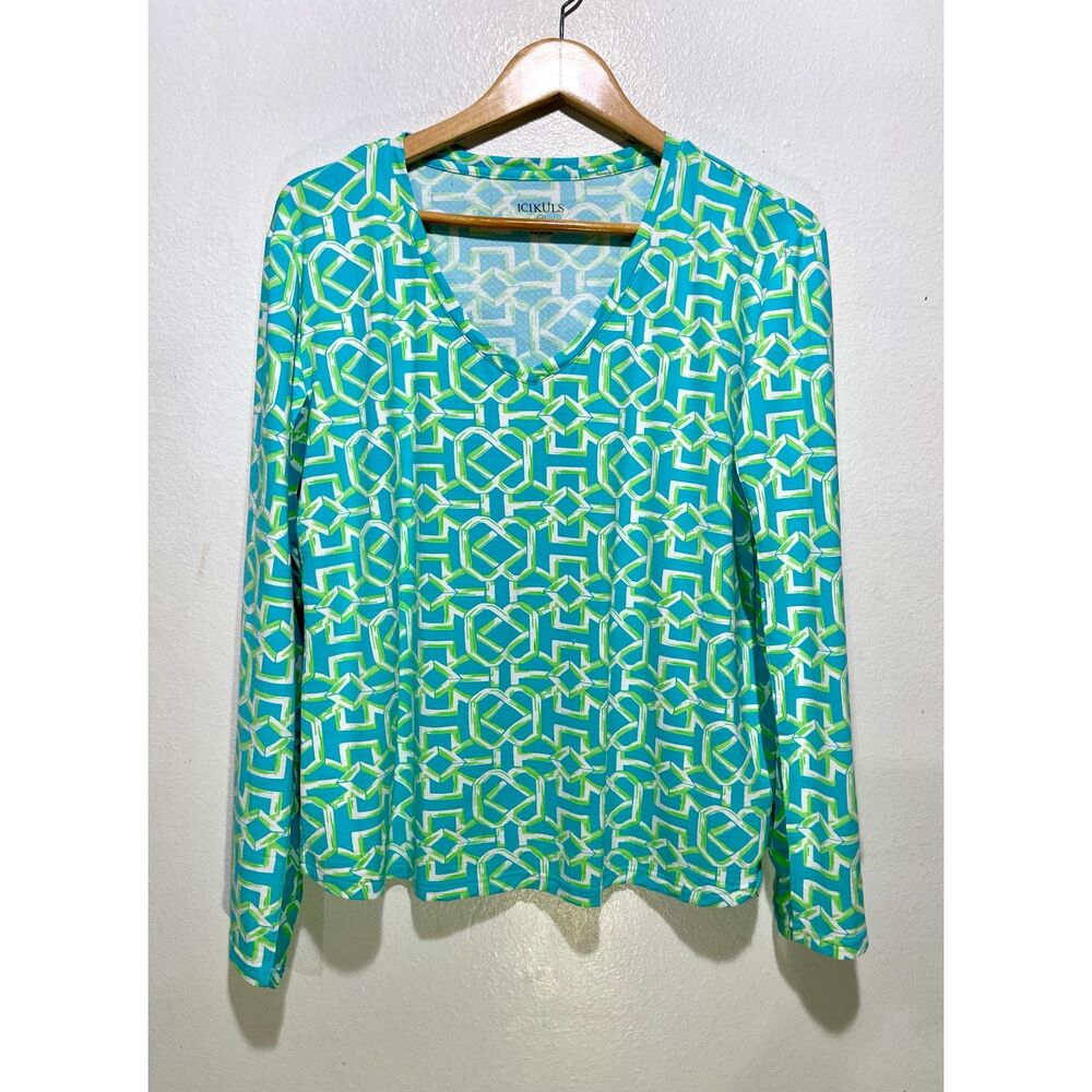 ICIKULS performance outdoor shirt UPF50+ quick dry airy geometric green womenXXL